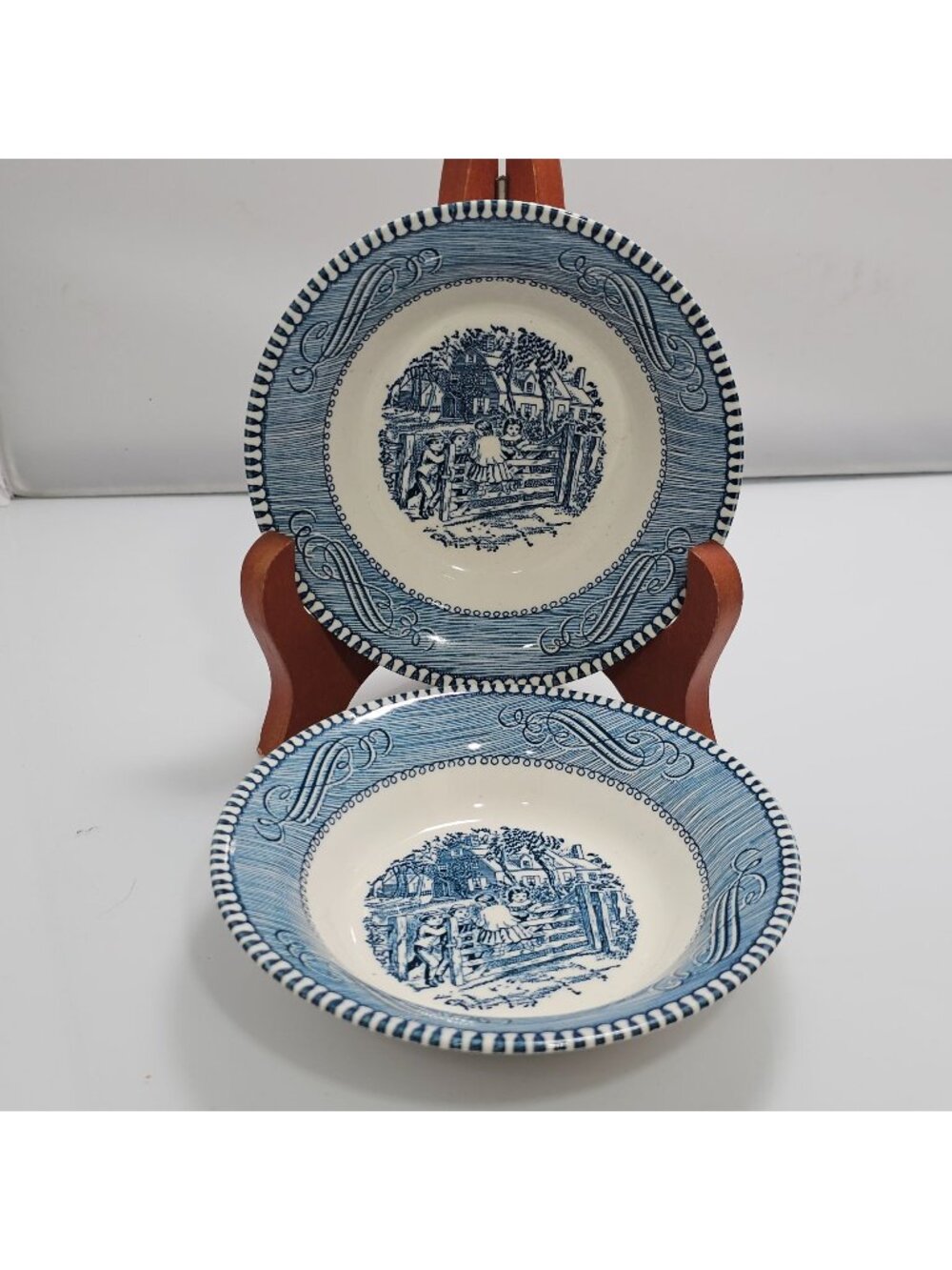 2 Currier Ives Dessert Bowl Old Farm Gate 5.5" Royal Pottery blue white made USA